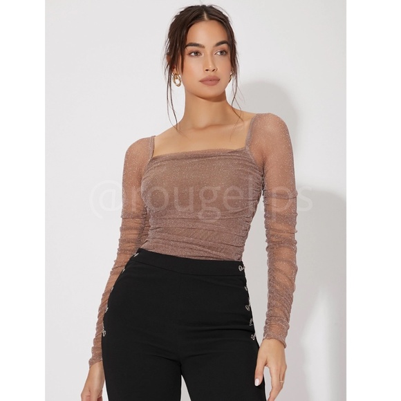 Lurex Sheer Mocha Brown Tan Long Sleeve Square Neck Ruched Tee Top Shirt - Picture 4 of 9